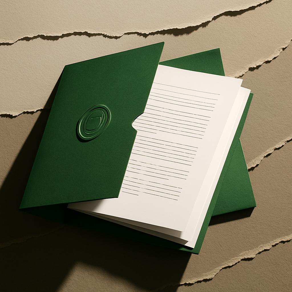 The alt text for this image is: "Green card with a wax seal and a blank piece of paper in the center against a beige tissu...