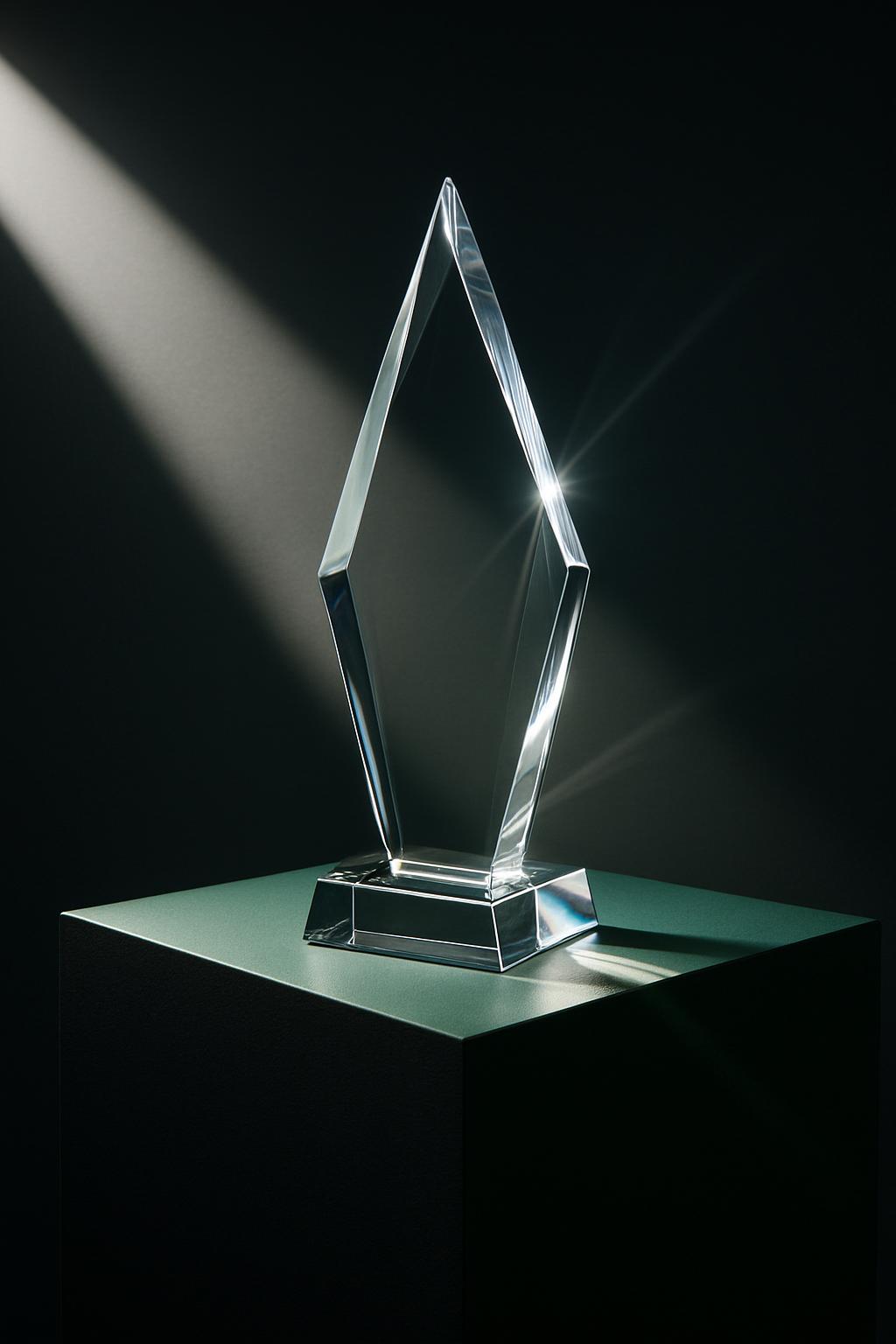 A crystal trophy with a geometric shape, sitting on a green table against a black background, featuring a beam of light sh...
