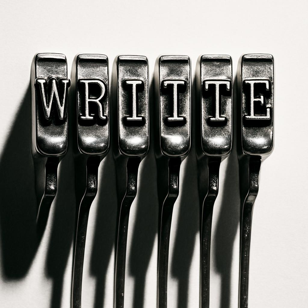 write black metal typewriter keys on white background.